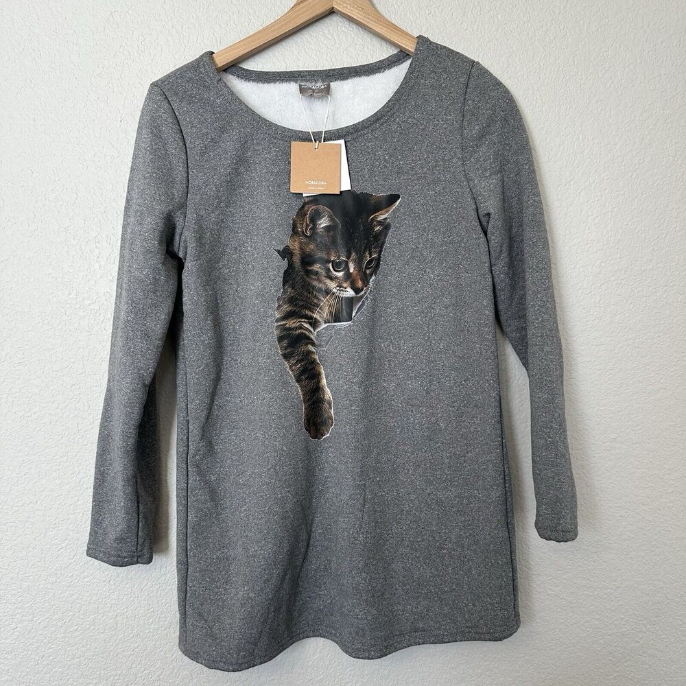 NWT Noracora Cat Gray Long Sleeve Top Size S
